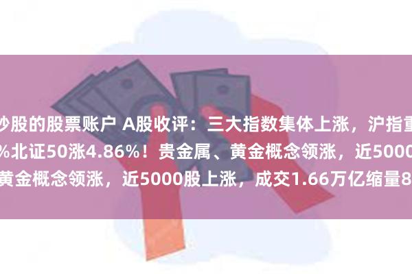 炒股的股票账户 A股收评：三大指数集体上涨，沪指重回3200点创指涨超2%北证50涨4.86%！贵金属、黄金概念领涨，近5000股上涨，成交1.66万亿缩量819亿